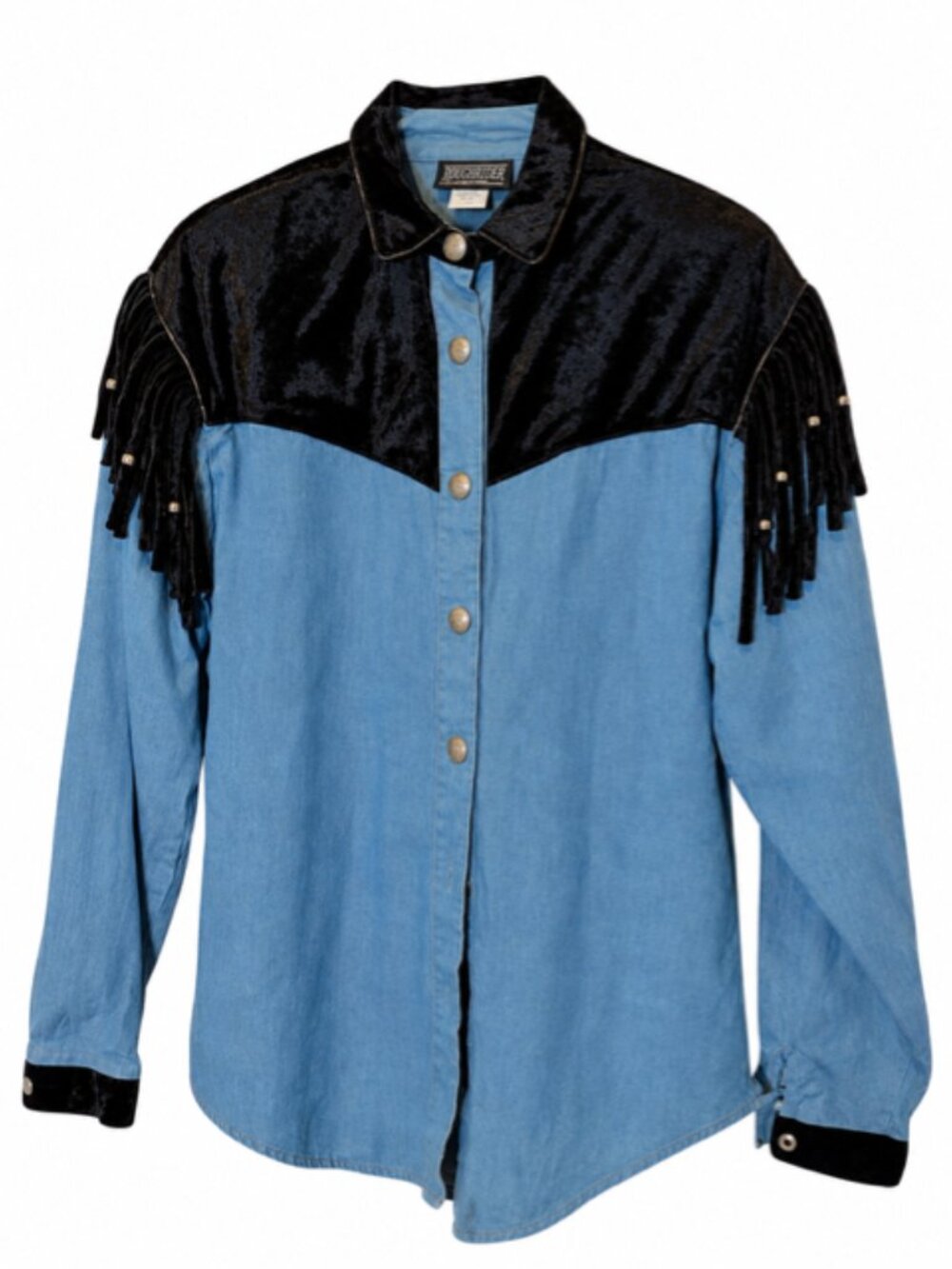 Vintage Western Denim Shirt Black Velvet Fringe Blue Snap Button 90s